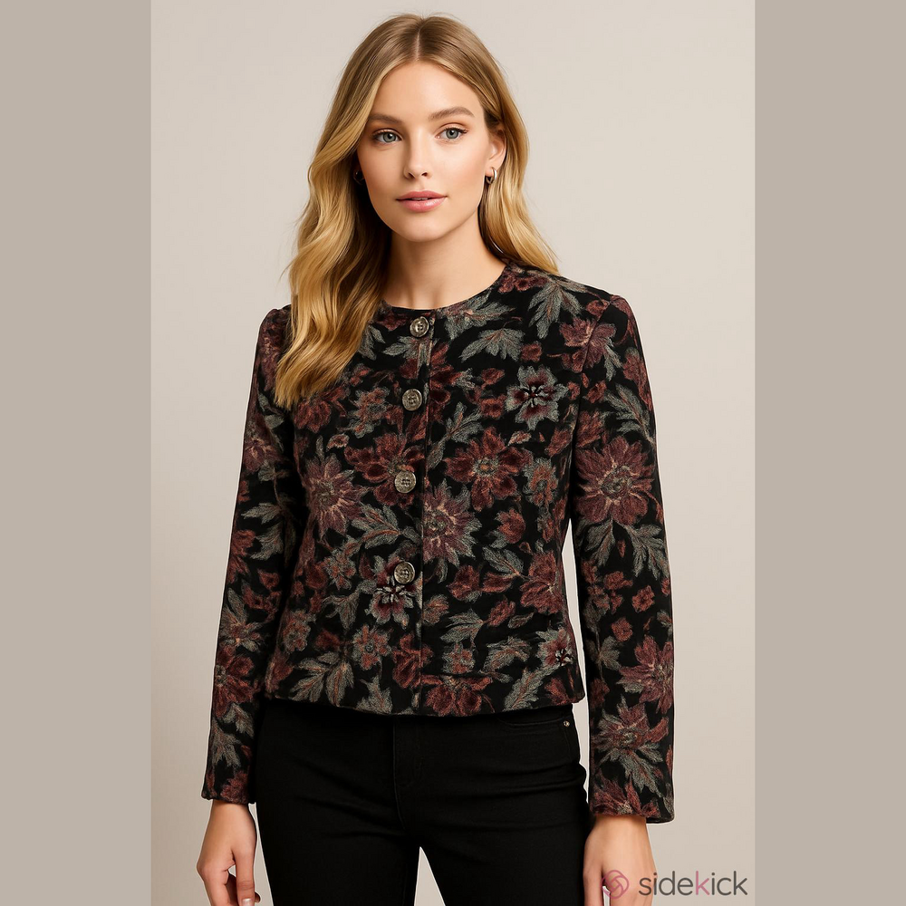 D’allaird’s Vintage Woven Floral Button-Front Jacket - Black with Mauve Floral